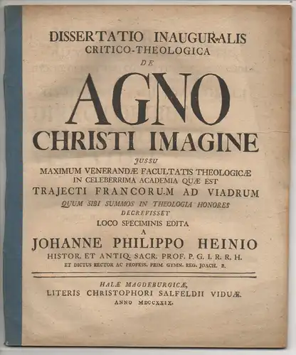 Heinius, Johann Philipp: Dissertatio Inauguralis Critico-Theologica De Agno Christi imagine. 