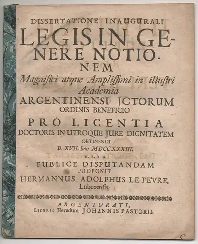 Le Fèvre, Hermann Adolphe: aus Lübeck: Juristische Inaugural-Dissertation. Legis in genere notionem. 