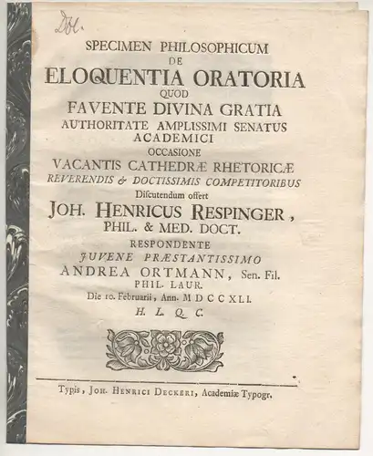 Ortmann, Andreas: Specimen philosophicum de eloquentia oratoria. 