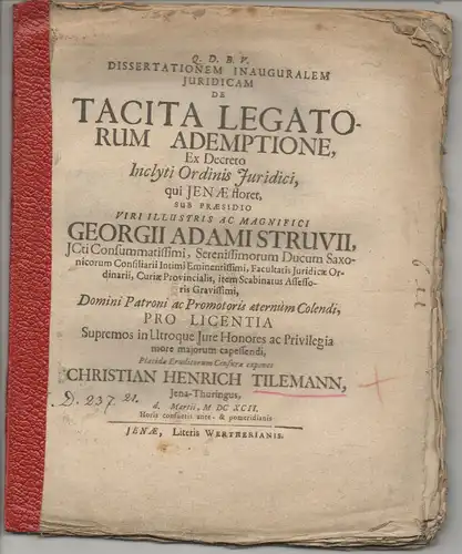 Tilemann, Christian Henrich: aus Jena: Juristische Inaugural-Dissertation. De tacita legatorum ademptione. 