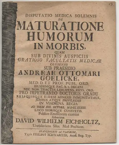 Eichholtz, David Wilhelm: aus Breslau: Medizinische Disputation. De maturatione humorum in morbis. 