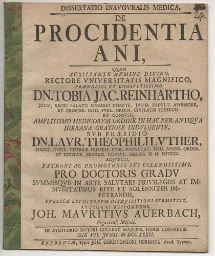 Auerbach, Johann Moritz: aus Pegau: Medizinsche Inaugural-Dissertation. De procidentia ani. 