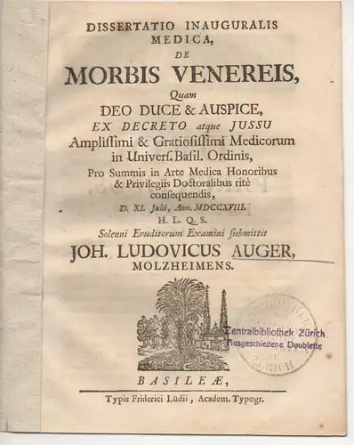 Auger, Johann Ludwig: aus Molsheim: Medizinische Inaugural-Dissertation. De morbis venereis. 