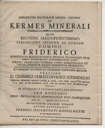 Doppelmayer, Johann Sigismund: aus Nürnberg: Dissertatio inauguralis medico-chymica de kermes minerali. 