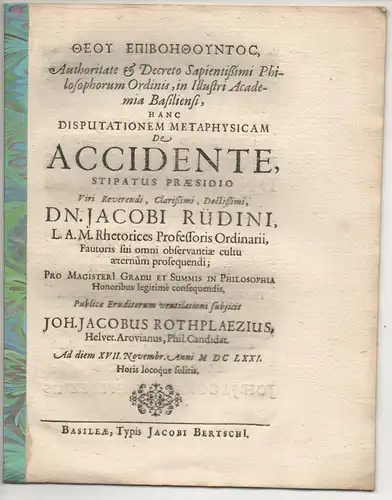 Rothpletz, Johann Jacob: aus Aarau: Disputationem metaphysicam de accidente. 