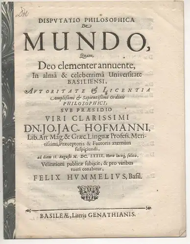 Hummel, Felix: aus Basel: Disputatio philosophica de mundo. 