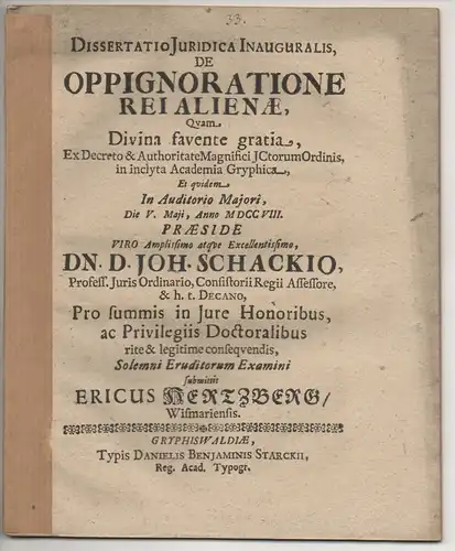 Hertzberg, Eric: aus Wismar: Juristische Inaugural-Dissertation.  De oppignoratione rei alienae. 