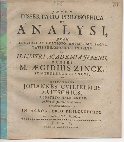 Fritsche, Johann Wilhelm: Eilenstedt/Halberstadt: Dissertatio philosophica de analysi. 