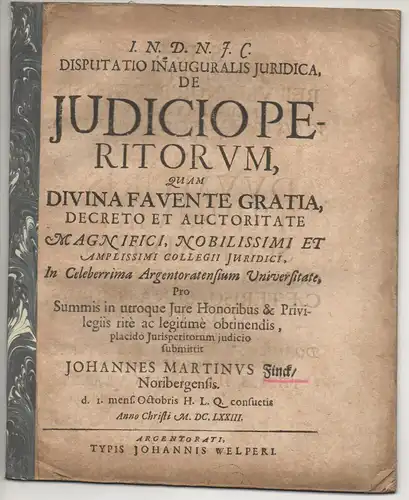 Finck, Johann Martin: aus Nürnberg: Juristische Inaugural-Dissertation. De iudicio peritorum. 