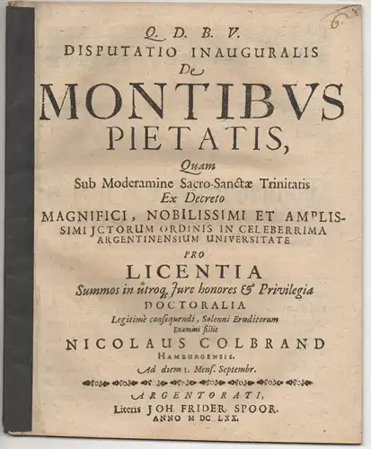 Colbrand, Nicolaus: aus Hamburg: Juristische Inaugural- Disputation. De montibus pietatis. 