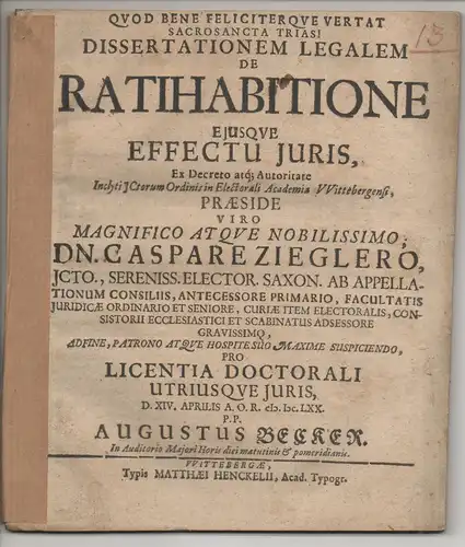 Becker, August: Juristische Dissertation. De ratihabitione eiusque effectu iuris. 