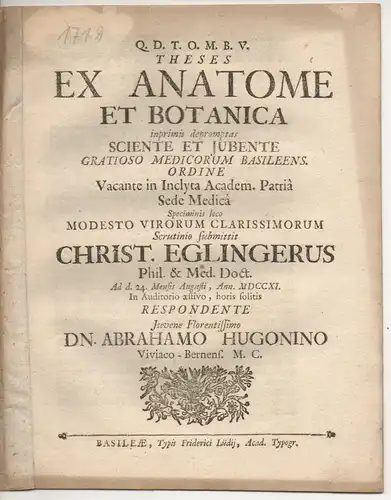 Hugoninus, Abraham: aus Vevey: Theses ex anatome et botanica imprimis depromptas. 