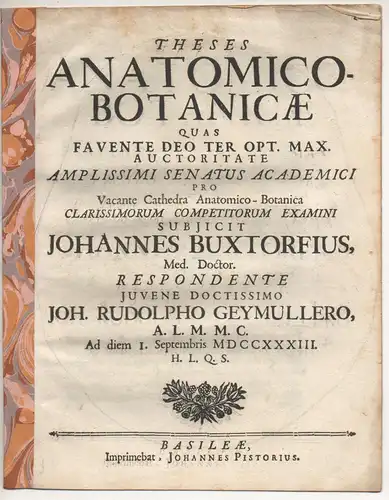 Geymüller, Johann Rudolf: Theses anatomico-botanicae. 