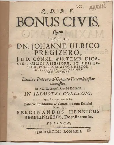 Berblinger, Ferdinand Heinrich: aus Dornstetten: Philosophische Dissertation. Bonus civis. 