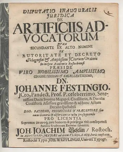 Beselin, Johann Joachim: aus Rostock: Juristische Inaugural-Disputation. De artificiis advocatorum. 