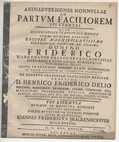 Brackenhöffer, Johann Friedrich: Medizinsiche Inaugural-Dissertation. Animadversiones nonnullae ad partum faciliorem spectantes. 