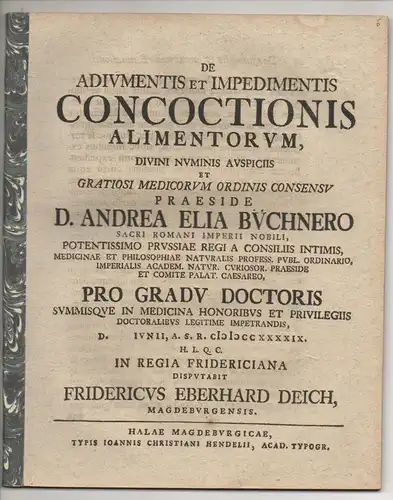 Deich, Friedrich Eberhard: aus Magdeburg: Medizinische Dissertation. De adivmentis et impedimentis concoctionis alimentorum. 