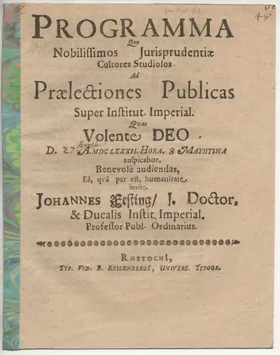 Festing, Johann: Programma quo Nobilissimos Jurisprudentiae Cultores Studiosos ad Praelectiones Publicas Super institut. imperial. 