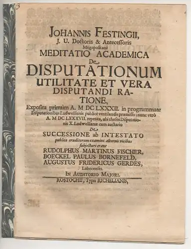 Festing, Johann: Meditatio academica de disputationum utilitate et vera disputandi ratione. 