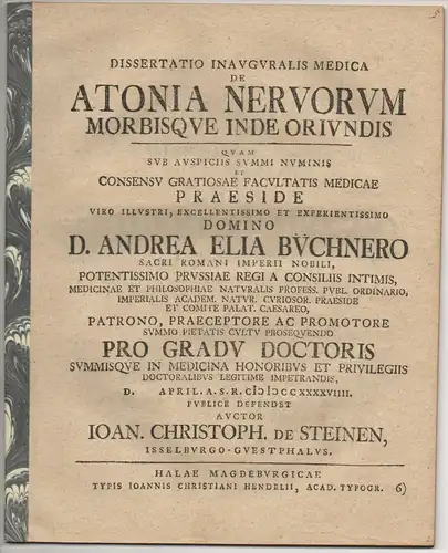 Steinen, Johannes Christoph von: aus Isselburg: Medizinische Inaugural-Dissertation. De atonia nervorum morbisque inde oriundis. 