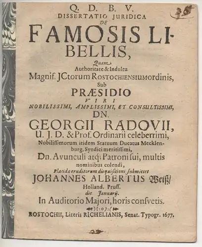 Weiss, Johann Albert: aus Preußisch Holland: Juristische Dissertation. De famosis libellis. 