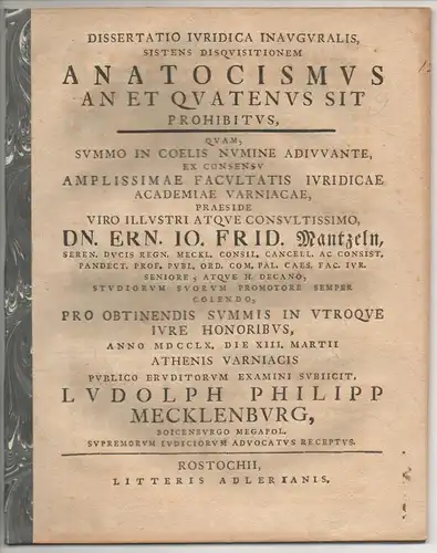 Mecklenburg, Ludolph Philipp: aus Boitzenburg: Juristische Inaugural-Dissertation. Anatocismus an et quatenus sit prohibitus. 