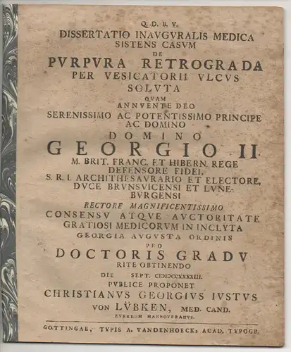 Lübken, Christian Georg Justus von: aus Everloh: Medizinische Inaugural-Dissertation. De purpura retrograda per versicatorii ulcus soluta casus. 