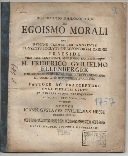 Hesse, Johann Gustav Wilhelm: aus Berlin: Philosophosche Dissertation. De egoismo morali. 