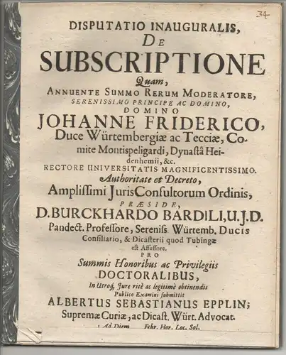 Epplin, Albert Sebastian: aus Württemberg: Juristische Inaugural-Disputation. De subscriptione. 