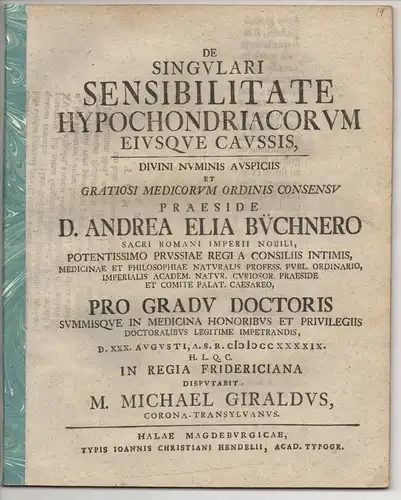 Giraldus, Michael: aus Transylvanien: Medizinische Dissertation. De singulari sensibilitate hypochondriacorum eiusque caussis. 
