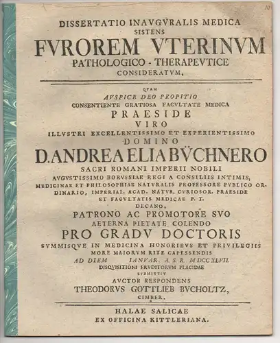 Bucholtz, Theodor Gottlieb: Medizinische Inaugural-Dissertation. Furorem uterinum pathologico-therapeutice consideratum. 