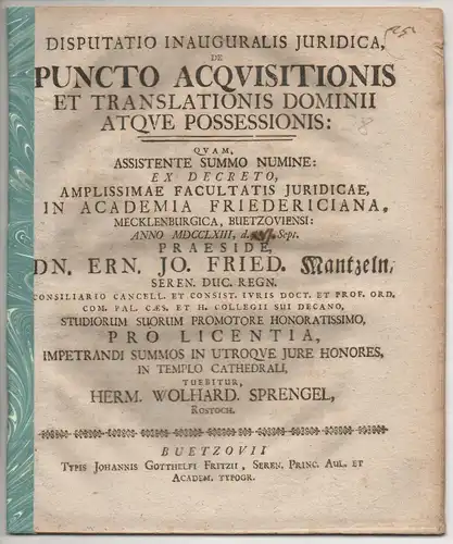 Sprengel, Hermann Wolhard: aus Rostock: Juristische Inaugural-Disputation. De puncto acquisitionis et translationis dominii atque possessionis. 