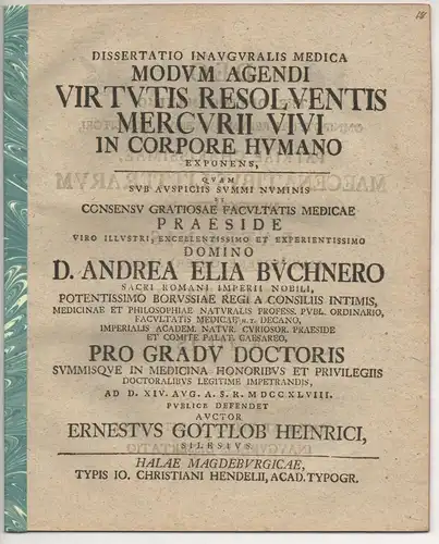 Heinrici, Ernst Gottlob: Medizinische Inaugural-Dissertation. Modum agendi virtutis resolventis Mercurii vivi in corpore humano exponens. 