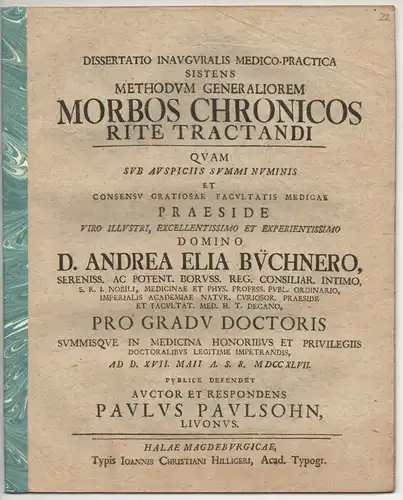 Paulsohn, Paulus. aus Livland: Medizinische Inaugural-Dissertation. Methodum generaliorem morbos chronicos rite tractandi. 
