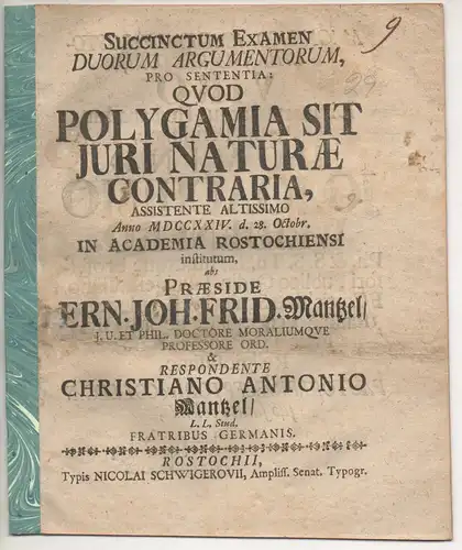 Mantzel, Christian Anton: Succinctum examen duorum argumentorum, pro sententia: Quod polygamia sit iuri naturae contraria. 