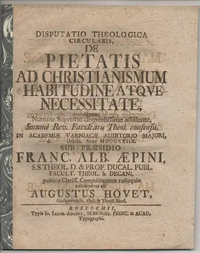 Hövet, August: aus Güstrow: Theologische Disputation. De pietatis ad Christianismum habitudine atque necessitate. 