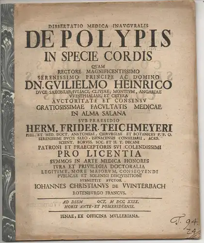 Winterbach, Johann Christian von: Rothenburg: Medizinische Inaugural-Dissertation. De polypis in specie cordis. 