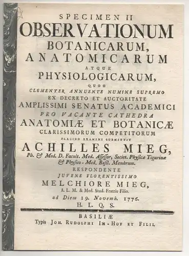 Mieg, Melchior: Specimen II observationum botanicarum, anatomicarum atque physiologicarum. 