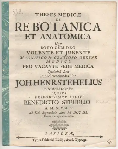 Stehelin, Benedict: Theses medicae de re botanica et anatomica. 
