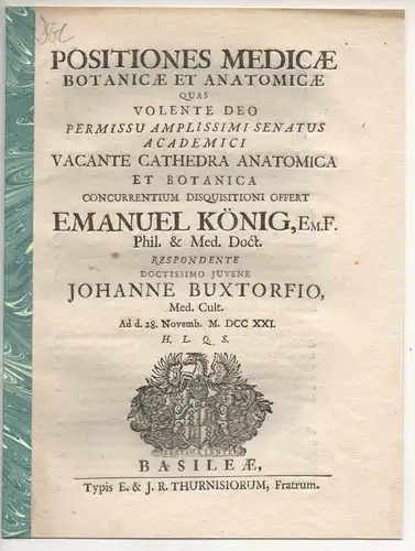 Buxtorf, Johann: Positiones medicae botanicae et anatomicae. 