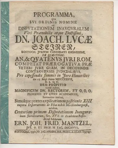 Mantzel, Ernst Johann Friedrich: Promotionsankündigung von Joachim Lukas Stein aus Rostock. 