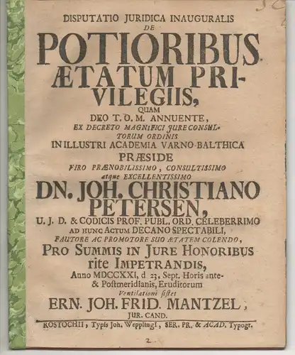 Mantzel, Ernst Johann Friedrich: Juristische Inaugural- Disputation.  De potioribus aetatum privilegiis. 