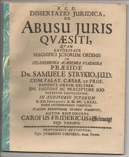 Selmnitz, Carl Friedrich von: aus Thüringen: Juristische Dissertation. De abusu iuris quaesiti. 