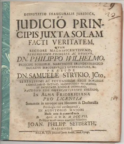 Seyberth, Johann Philipp: aus Nassau: Juristische Inaugural- Disputation. De iudicio principis iuxta solam facti veritatem. 