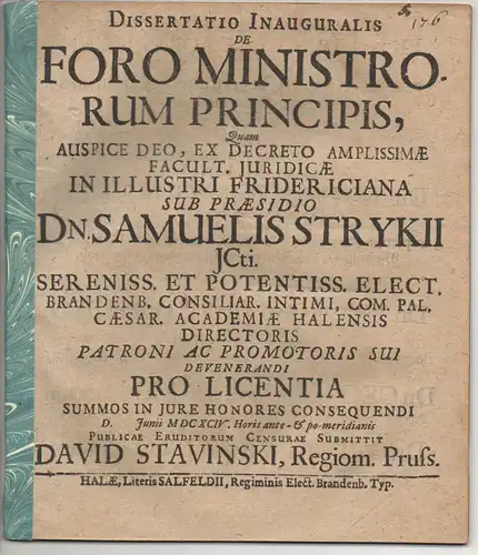 Stavinski, David: aus Königsberg: Juristische Inaugural-Dissertation. De foro ministrorum principis. 