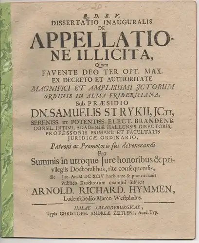 Hymmen, Arnold Richard: aus Lüdenscheid: Juristische Inaugural-Dissertation. De appellatione illicita. 