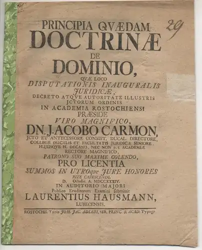 Hausmann, Lorenz: aus Lübeck: Principia quaedam doctrinae de dominio. 