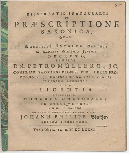 Bötticher, Johann Philipp: aus Kelbra: Juristische Inaugural-Dissertation. De praescriptione Saxonica. 