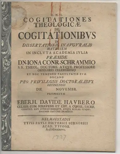 Hauber, Eberhard David: Cogitationes theologicae de cogitationibus in dissertationis inauguralis materiem. 