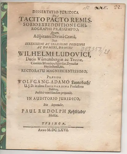 Kohlbladt, Paul Rudolph: aus Holstein: Juristische Dissertation. De tacito pacto remissorio ex redditione chirographi praesumpto. 